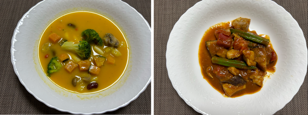 Greenspoonかぼちゃのスープとトマト野菜のチキンカレー